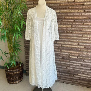 Glydons Vintage 70s White Chiffon Gown And Lace Robe Peignoir Set Wedding